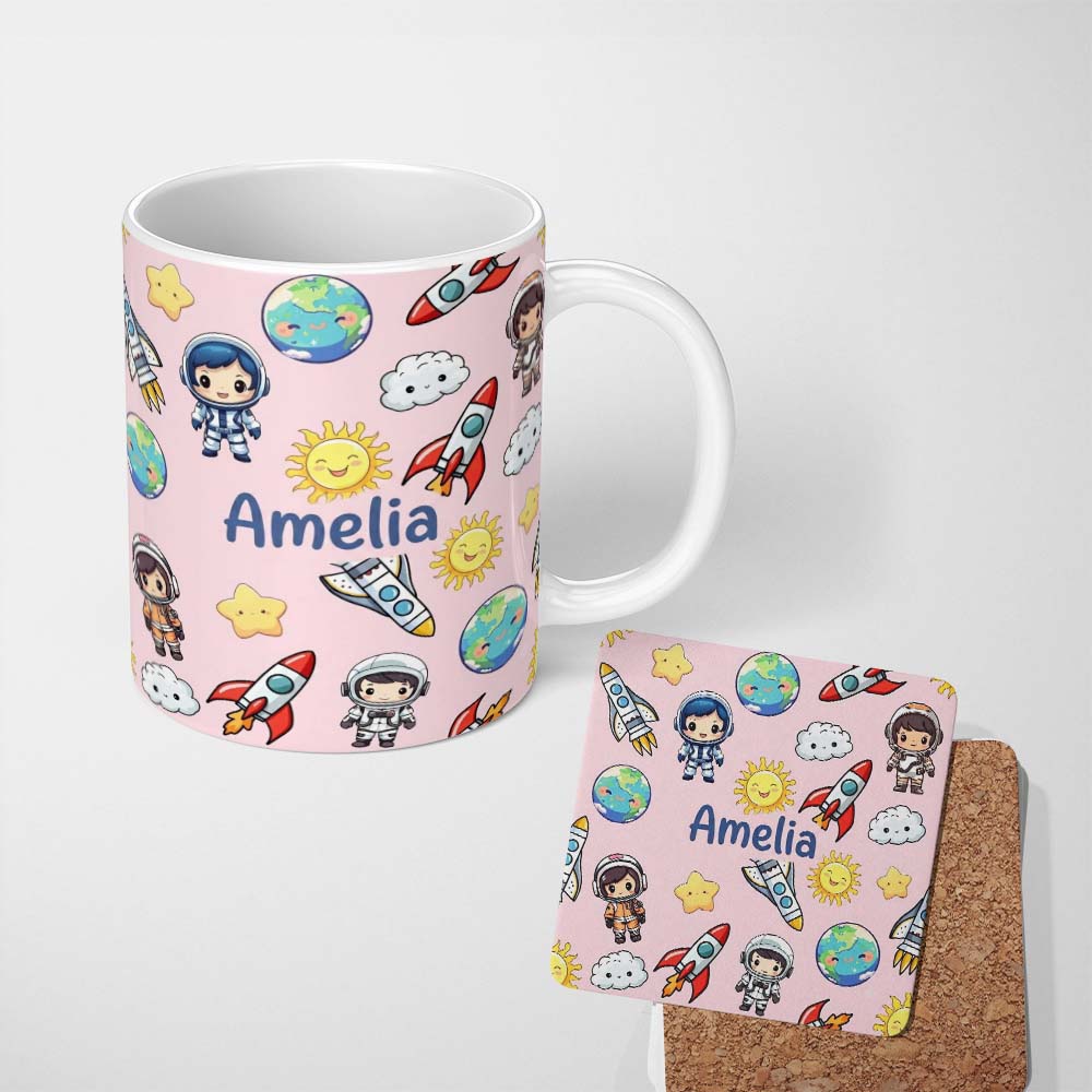 Personalized Custom Name Cartoon Space Rockets Sun Earth Clouds Stars Seamless Blush Pink 11oz Ceramic Coffee Tea Mug White Large Handle