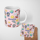 Personalized Custom Name Cartoon Space Rockets Sun Earth Clouds Stars Seamless Blush Pink 11oz Ceramic Coffee Tea Mug White Large Handle