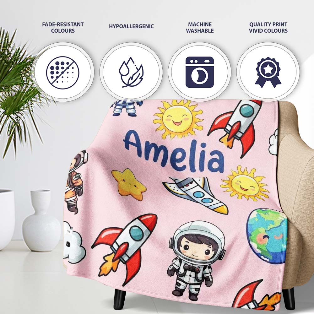 Cartoon Space Rockets Sun Earth Clouds Stars Seamless Blush Pink  Personalised Custom Name Super Soft Fleece Blanket Bed Sofa Throw