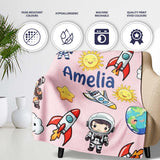 Cartoon Space Rockets Sun Earth Clouds Stars Seamless Blush Pink  Personalised Custom Name Super Soft Fleece Blanket Bed Sofa Throw