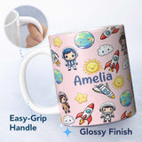 Personalized Custom Name Cartoon Space Rockets Sun Earth Clouds Stars Seamless Blush Pink 11oz Ceramic Coffee Tea Mug White Large Handle