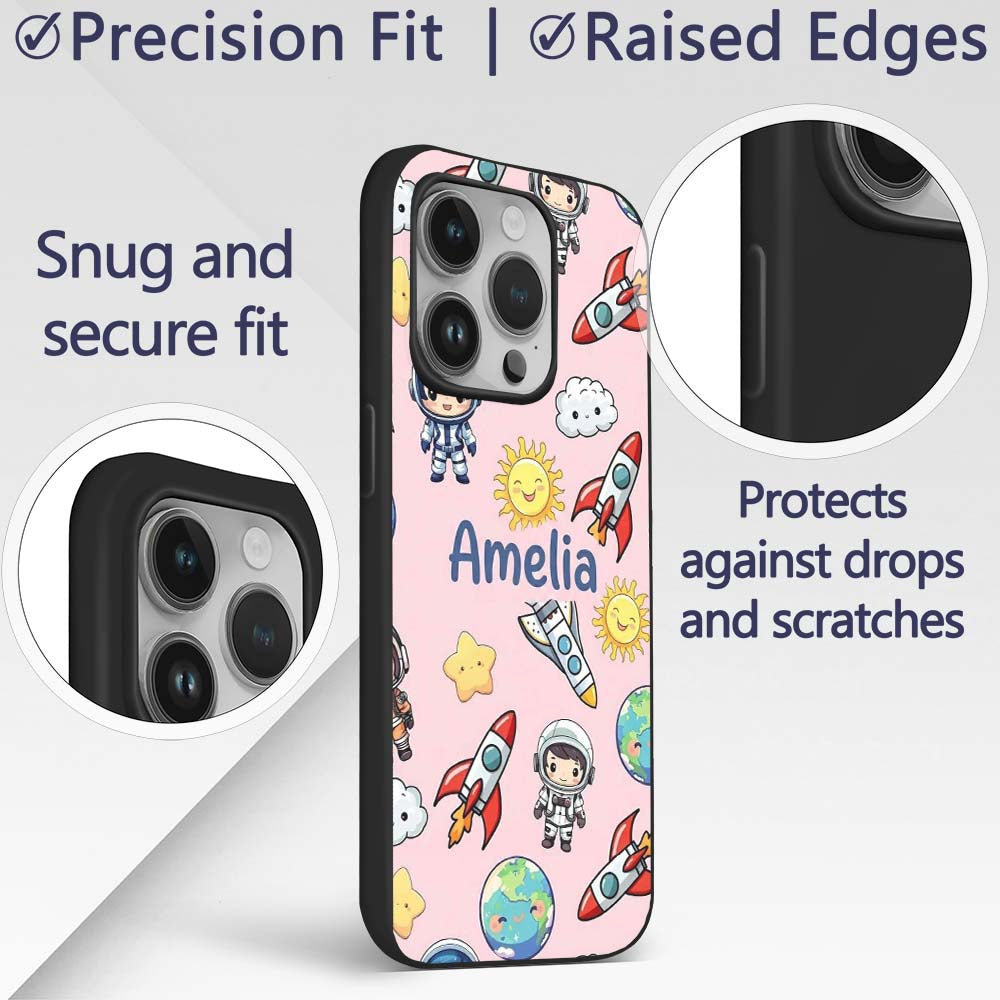 Cartoon Space Rockets Sun Earth Clouds Stars Custom Name Protective Phone Case Mobile Cover Durable Everyday Smartphone Shock Resistant