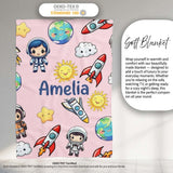 Cartoon Space Rockets Sun Earth Clouds Stars Seamless Blush Pink  Personalised Custom Name Super Soft Fleece Blanket Bed Sofa Throw