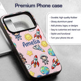 Cartoon Space Rockets Sun Earth Clouds Stars Custom Name Protective Phone Case Mobile Cover Durable Everyday Smartphone Shock Resistant