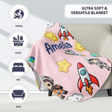 Cartoon Space Rockets Sun Earth Clouds Stars Seamless Blush Pink  Personalised Custom Name Super Soft Fleece Blanket Bed Sofa Throw