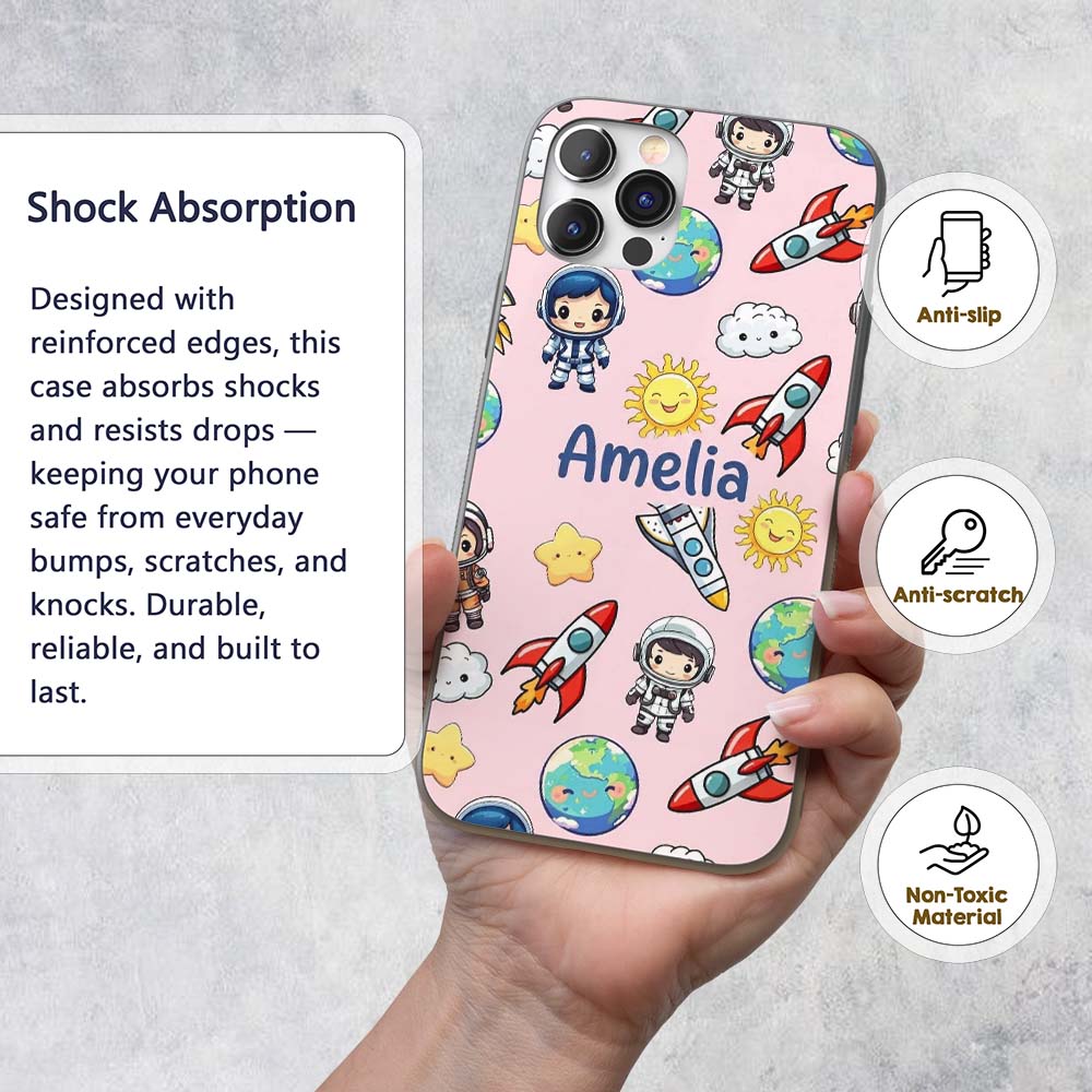 Cartoon Space Rockets Sun Earth Clouds Stars Custom Name Protective Phone Case Mobile Cover Durable Everyday Smartphone Shock Resistant