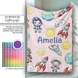Cartoon Space Rockets Sun Earth Clouds Stars Seamless Blush Pink  Personalised Custom Name Super Soft Fleece Blanket Bed Sofa Throw