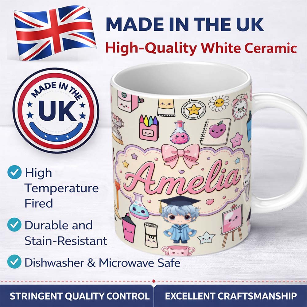Personalized Custom Name Cute Kawaii Graduate Boy Science Art Supplies Seamless Pattern Cream 11oz Ceramic Coffee Tea Mug White Large Handle