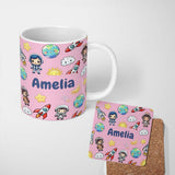 Personalized Custom Name Cartoon Space Rockets Sun Earth Clouds Stars Seamless Soft Pink 11oz Ceramic Coffee Tea Mug White Large Handle