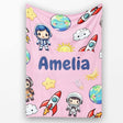 Cartoon Space Rockets Sun Earth Clouds Stars Seamless Soft Pink  Personalised Custom Name Super Soft Fleece Blanket Bed Sofa Throw