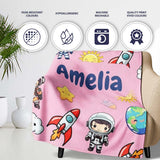 Cartoon Space Rockets Sun Earth Clouds Stars Seamless Soft Pink  Personalised Custom Name Super Soft Fleece Blanket Bed Sofa Throw