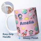 Personalized Custom Name Cartoon Space Rockets Sun Earth Clouds Stars Seamless Soft Pink 11oz Ceramic Coffee Tea Mug White Large Handle