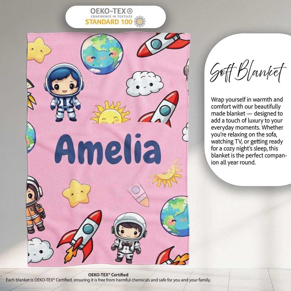 Cartoon Space Rockets Sun Earth Clouds Stars Seamless Soft Pink  Personalised Custom Name Super Soft Fleece Blanket Bed Sofa Throw