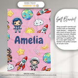 Cartoon Space Rockets Sun Earth Clouds Stars Seamless Soft Pink  Personalised Custom Name Super Soft Fleece Blanket Bed Sofa Throw