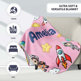 Cartoon Space Rockets Sun Earth Clouds Stars Seamless Soft Pink  Personalised Custom Name Super Soft Fleece Blanket Bed Sofa Throw