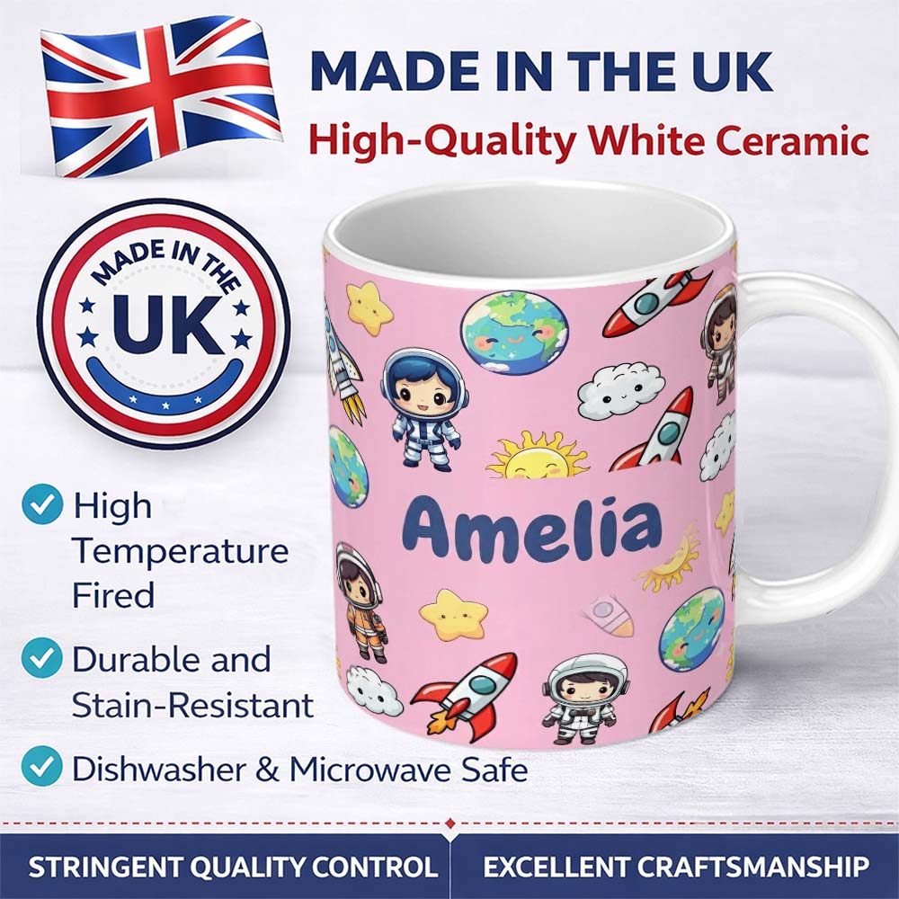 Personalized Custom Name Cartoon Space Rockets Sun Earth Clouds Stars Seamless Soft Pink 11oz Ceramic Coffee Tea Mug White Large Handle