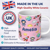Personalized Custom Name Cartoon Space Rockets Sun Earth Clouds Stars Seamless Soft Pink 11oz Ceramic Coffee Tea Mug White Large Handle