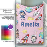 Cartoon Space Rockets Sun Earth Clouds Stars Seamless Soft Pink  Personalised Custom Name Super Soft Fleece Blanket Bed Sofa Throw