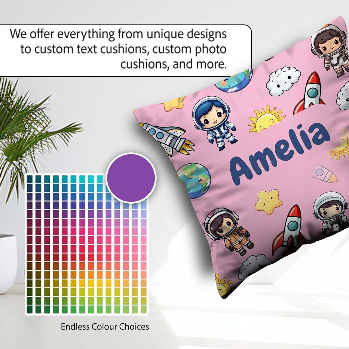 Custom Name Cartoon Space Rockets Sun Earth Clouds Seamless Soft Square Filled Cushion Throw Pillow Sofa Bed Home Decor Zip Washable UK Made
