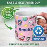 Personalized Custom Name Cartoon Space Rockets Sun Earth Clouds Stars Seamless Soft Pink 11oz Ceramic Coffee Tea Mug White Large Handle