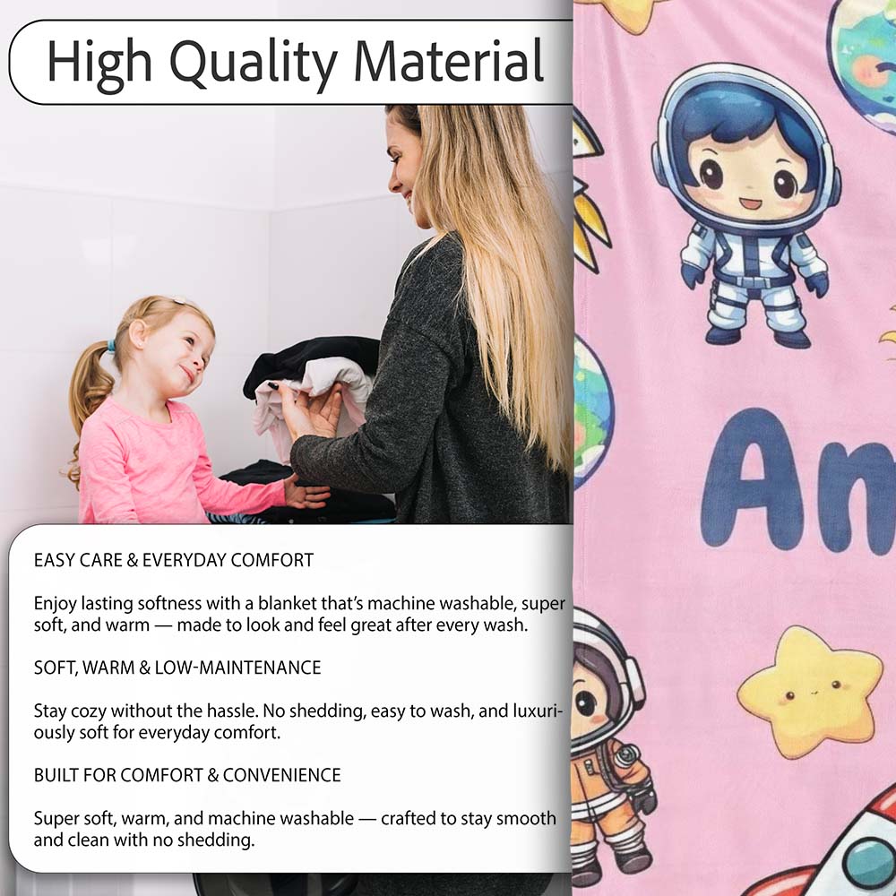 Cartoon Space Rockets Sun Earth Clouds Stars Seamless Soft Pink  Personalised Custom Name Super Soft Fleece Blanket Bed Sofa Throw