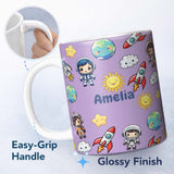 Personalized Custom Name Cute Cartoon Space Rocket Sun Earth Clouds Stars Seamless Lavender 11oz Ceramic Coffee Tea Mug White Large Handle
