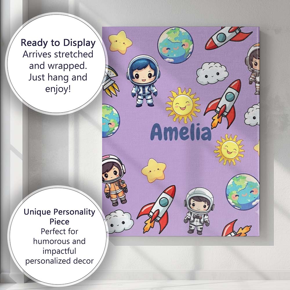 Personalised Name Cute Cartoon Space Rocket Custom  Bespoke Interior Contemporary Canvas Wall Art Print Decor Picture Ready to Hang