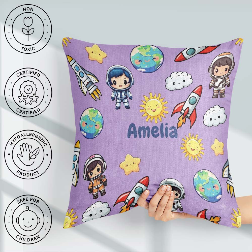 Custom Name Cartoon Space Rocket Sun Earth Clouds Stars Seamless Square Filled Cushion Throw Pillow Sofa Bed Home Decor Zip Washable UK Made