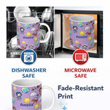 Personalized Custom Name Cute Cartoon Space Rocket Sun Earth Clouds Stars Seamless Lavender 11oz Ceramic Coffee Tea Mug White Large Handle