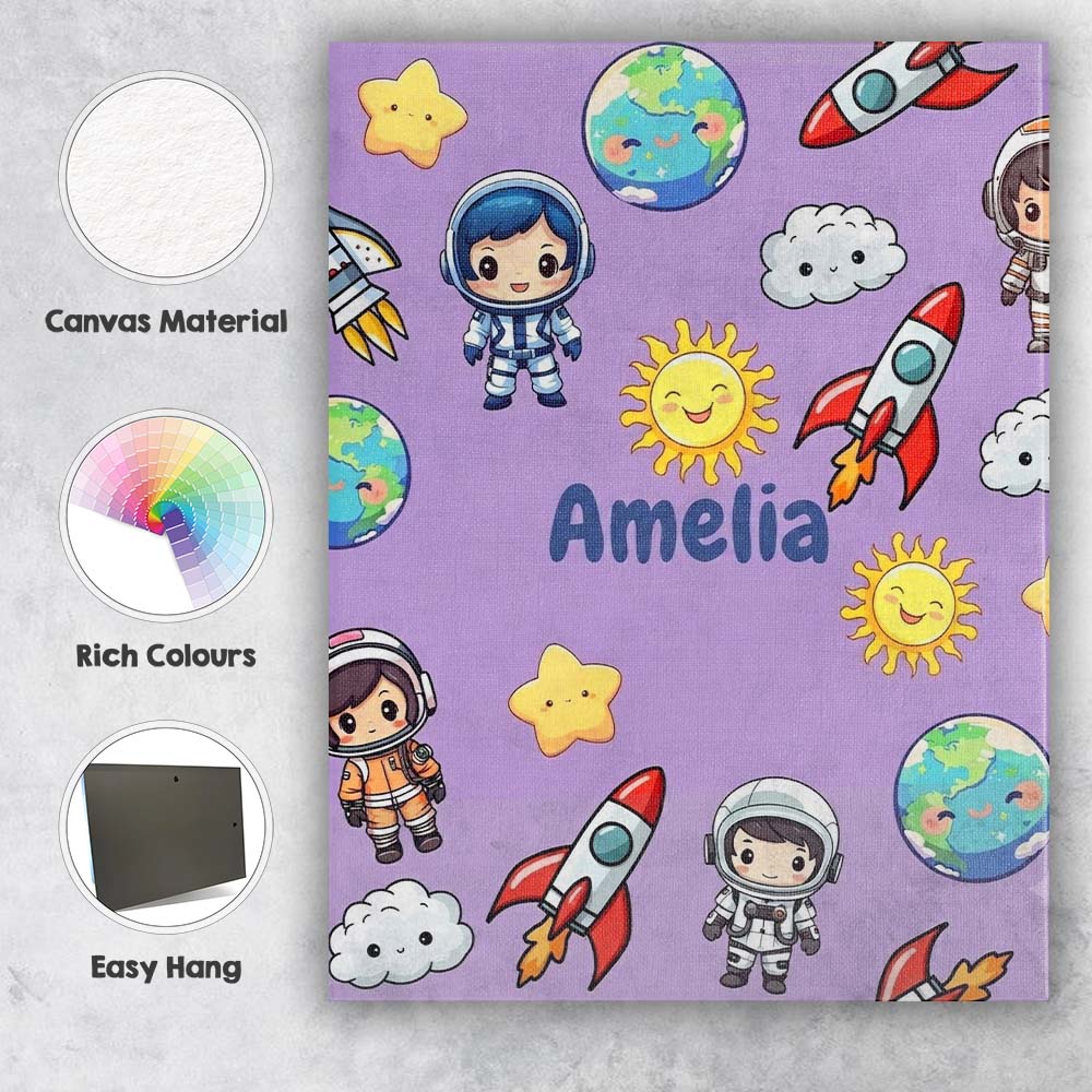 Personalised Name Cute Cartoon Space Rocket Custom  Bespoke Interior Contemporary Canvas Wall Art Print Decor Picture Ready to Hang