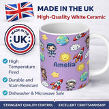 Personalized Custom Name Cute Cartoon Space Rocket Sun Earth Clouds Stars Seamless Lavender 11oz Ceramic Coffee Tea Mug White Large Handle
