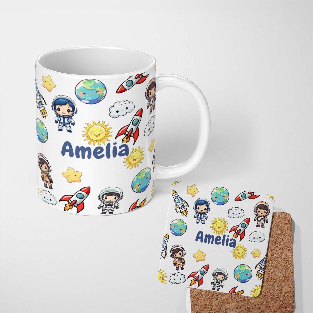 Personalized Custom Name Cute Cartoon Space Rocket Sun Earth Cloud Star Seamless Light Grey 11oz Ceramic Coffee Tea Mug White Large Handle