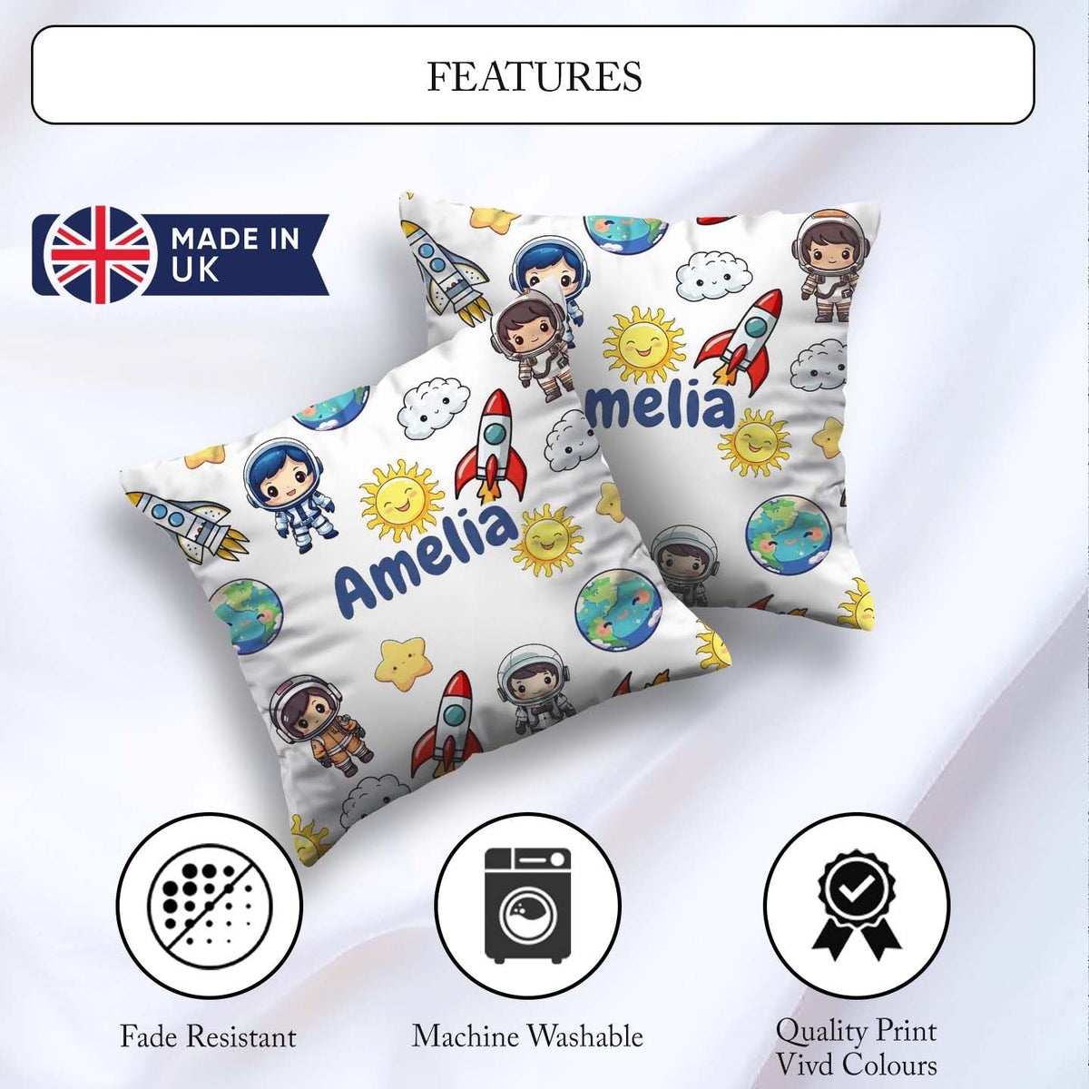 Custom Name Cartoon Space Rocket Sun Earth Cloud Star Light Grey Square Filled Cushion Throw Pillow Sofa Bed Home Decor Zip Washable UK Made