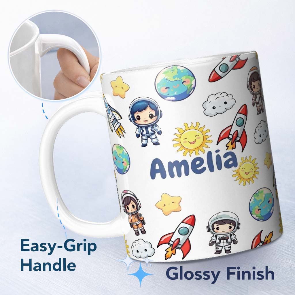 Personalized Custom Name Cute Cartoon Space Rocket Sun Earth Cloud Star Seamless Light Grey 11oz Ceramic Coffee Tea Mug White Large Handle