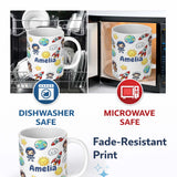 Personalized Custom Name Cute Cartoon Space Rocket Sun Earth Cloud Star Seamless Light Grey 11oz Ceramic Coffee Tea Mug White Large Handle