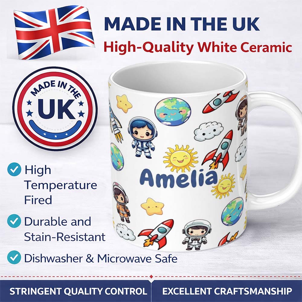 Personalized Custom Name Cute Cartoon Space Rocket Sun Earth Cloud Star Seamless Light Grey 11oz Ceramic Coffee Tea Mug White Large Handle