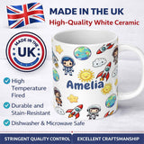 Personalized Custom Name Cute Cartoon Space Rocket Sun Earth Cloud Star Seamless Light Grey 11oz Ceramic Coffee Tea Mug White Large Handle