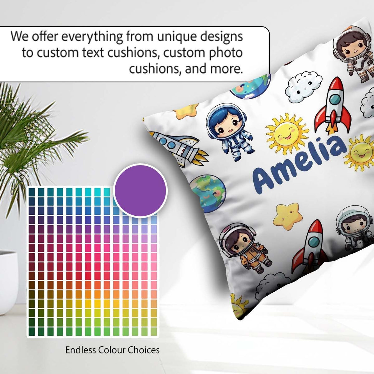 Custom Name Cartoon Space Rocket Sun Earth Cloud Star Light Grey Square Filled Cushion Throw Pillow Sofa Bed Home Decor Zip Washable UK Made