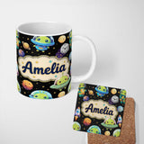 Personalized Custom Name Space Astronaut Alien UFO Planets Meteors Stars Seamless Black 11oz Ceramic Coffee Tea Mug White Large Handle