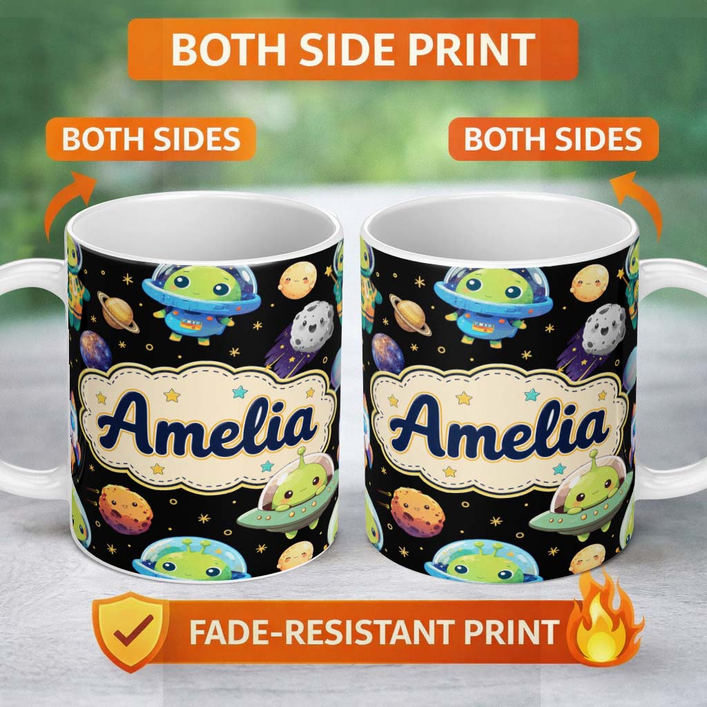Personalized Custom Name Space Astronaut Alien UFO Planets Meteors Stars Seamless Black 11oz Ceramic Coffee Tea Mug White Large Handle