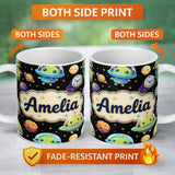 Personalized Custom Name Space Astronaut Alien UFO Planets Meteors Stars Seamless Black 11oz Ceramic Coffee Tea Mug White Large Handle