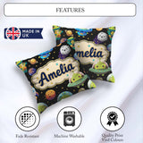 Custom Name Space Alien UFO Planets Meteors Stars Seamless Black Square Filled Cushion Throw Pillow Sofa Bed Home Decor Zip Washable UK Made