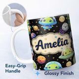Personalized Custom Name Space Astronaut Alien UFO Planets Meteors Stars Seamless Black 11oz Ceramic Coffee Tea Mug White Large Handle
