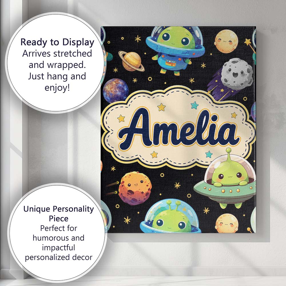 Personalised Name Space Astronaut Alien UFO Custom  Bespoke Interior Contemporary Canvas Wall Art Print Decor Picture Ready to Hang