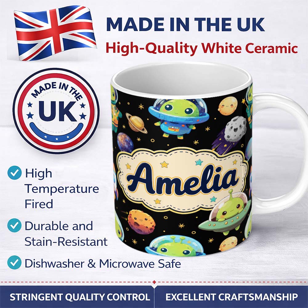 Personalized Custom Name Space Astronaut Alien UFO Planets Meteors Stars Seamless Black 11oz Ceramic Coffee Tea Mug White Large Handle