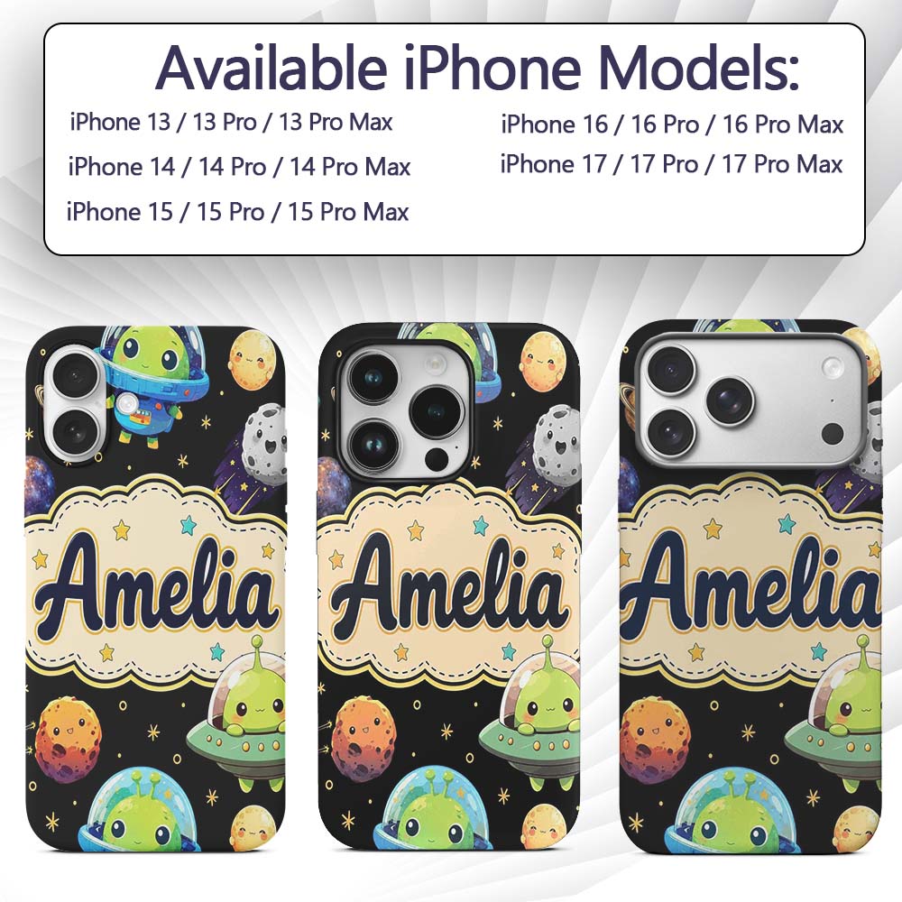 Space Astronaut Alien UFO Planets Meteors Stars Custom Name Protective Phone Case Mobile Cover Durable Everyday Smartphone Shock Resistant