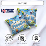 Custom Name Space Astronaut Alien UFO Planets Meteors Stars Blue Square Filled Cushion Throw Pillow Sofa Bed Home Decor Zip Washable UK Made