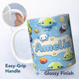 Personalized Custom Name Space Astronaut Alien UFO Planets Meteors Stars Seamless Blue 11oz Ceramic Coffee Tea Mug White Large Handle