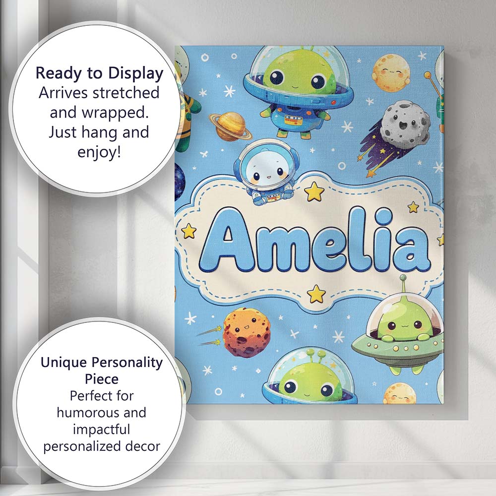 Personalised Name Space Astronaut Alien UFO Custom  Bespoke Interior Contemporary Canvas Wall Art Print Decor Picture Ready to Hang