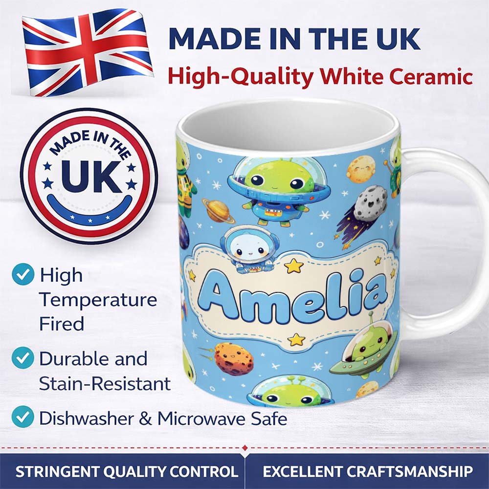 Personalized Custom Name Space Astronaut Alien UFO Planets Meteors Stars Seamless Blue 11oz Ceramic Coffee Tea Mug White Large Handle